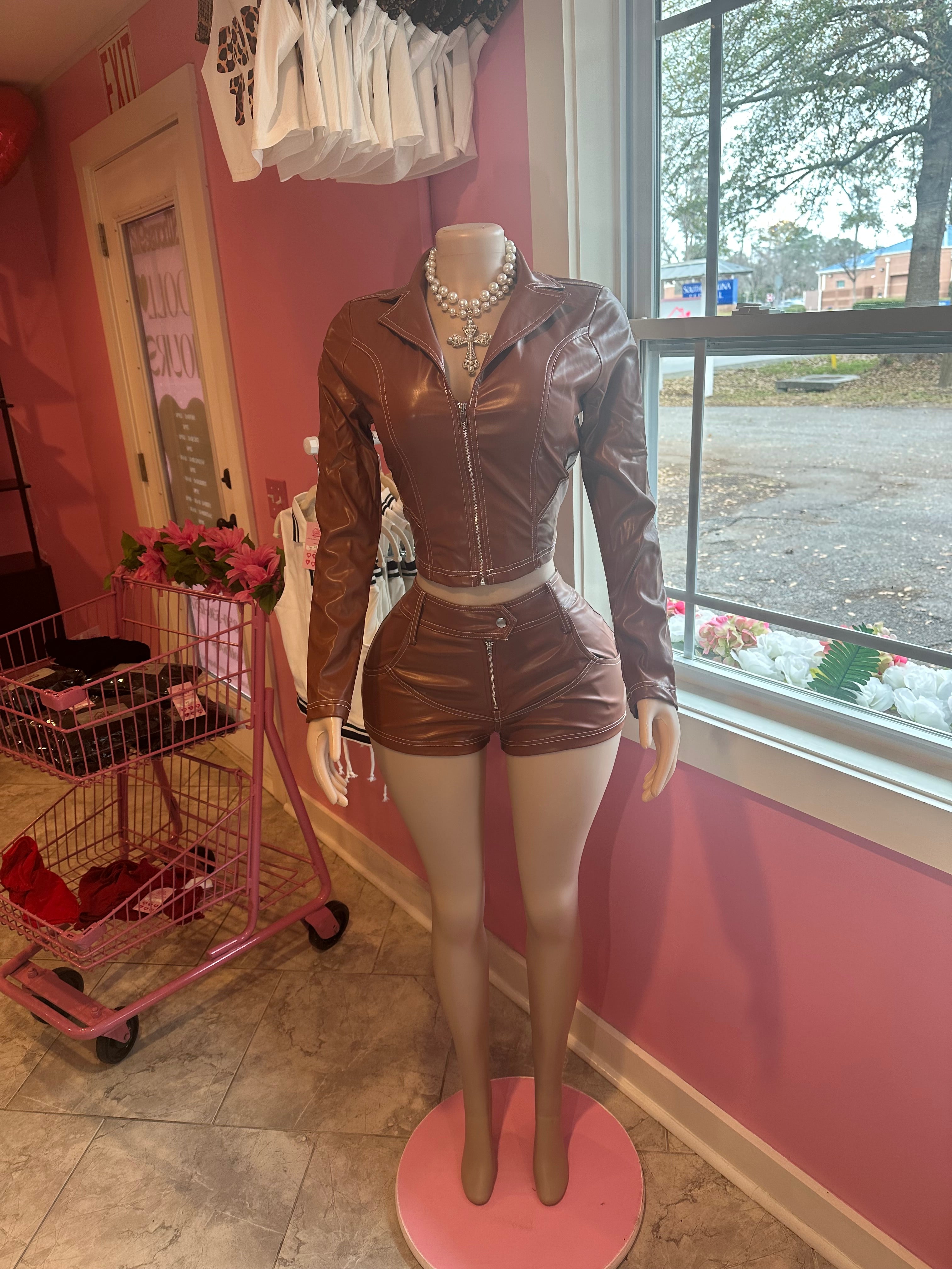 Leather Jacket Shorts Set 🤎