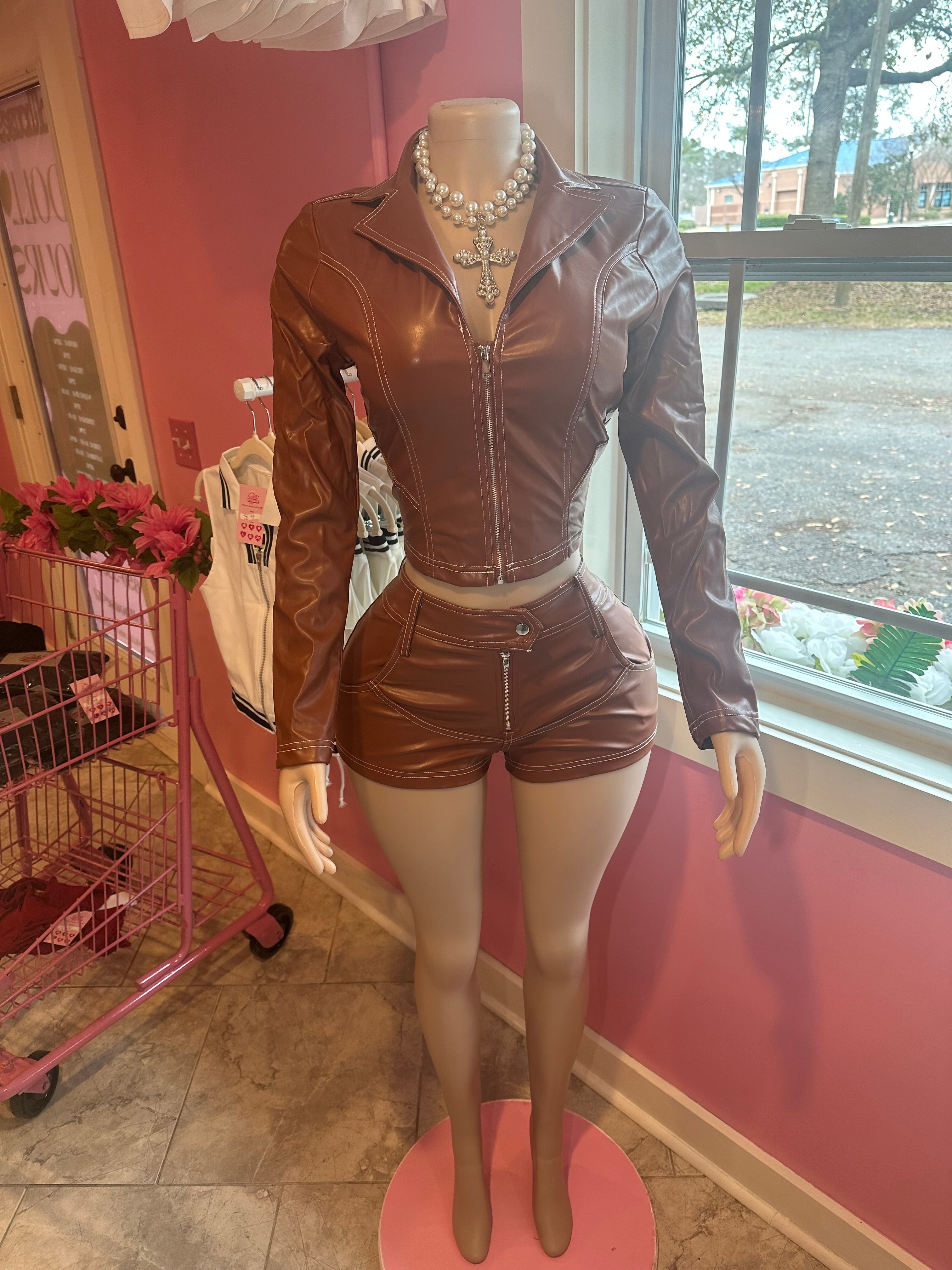 Leather Jacket Shorts Set 🤎